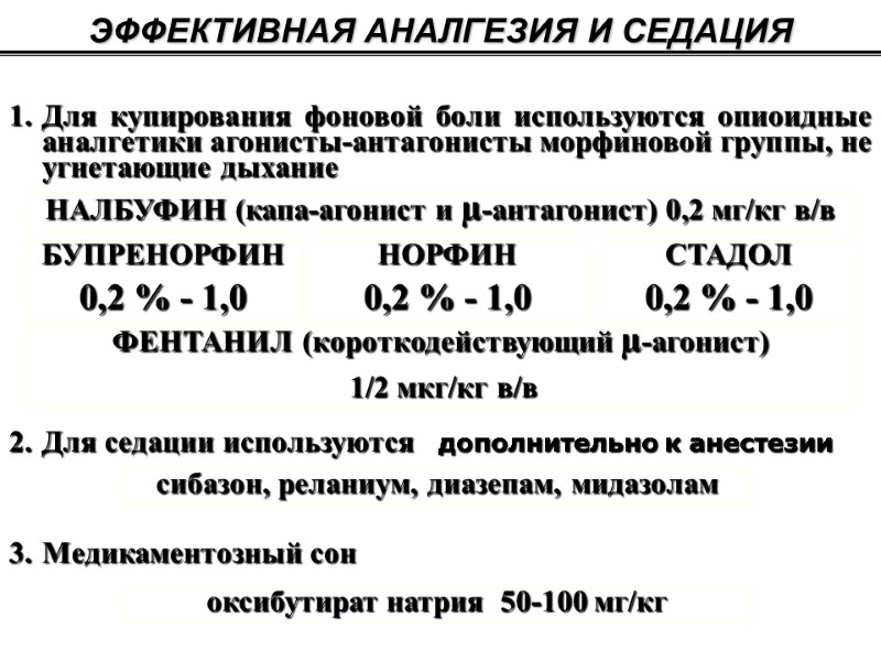 ЭФФЕКТИВНАЯ АНАЛГЕЗИЯ И СЕДАЦИЯ Для купирования фоновой боли используются опиоидные аналгетики агонисты-антагонисты морфиновой группы,